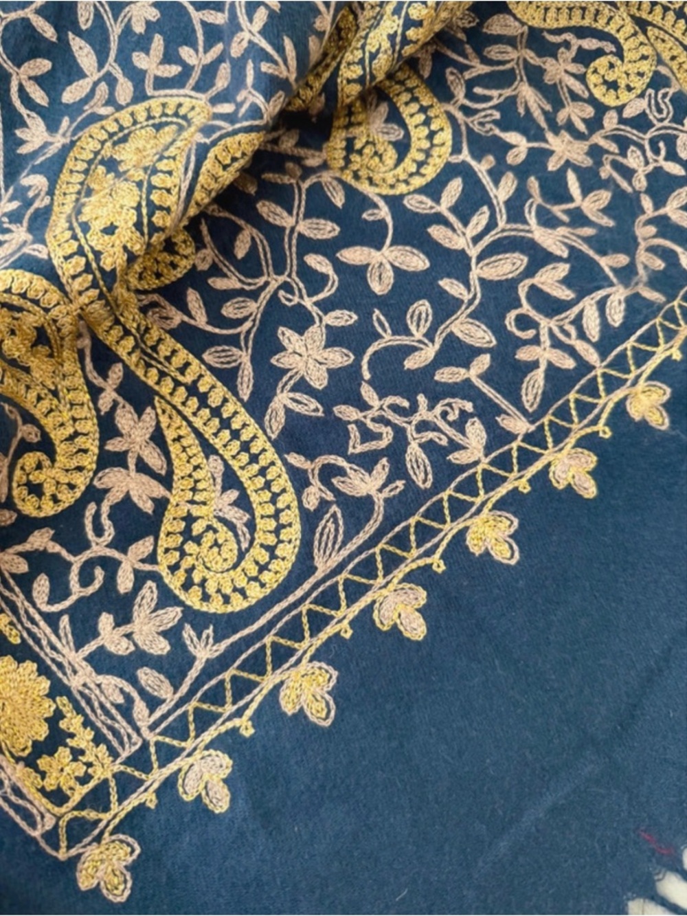 Navy & Gold Paisley Fringe Shawl Pahima Wrap - Picture 6 of 6